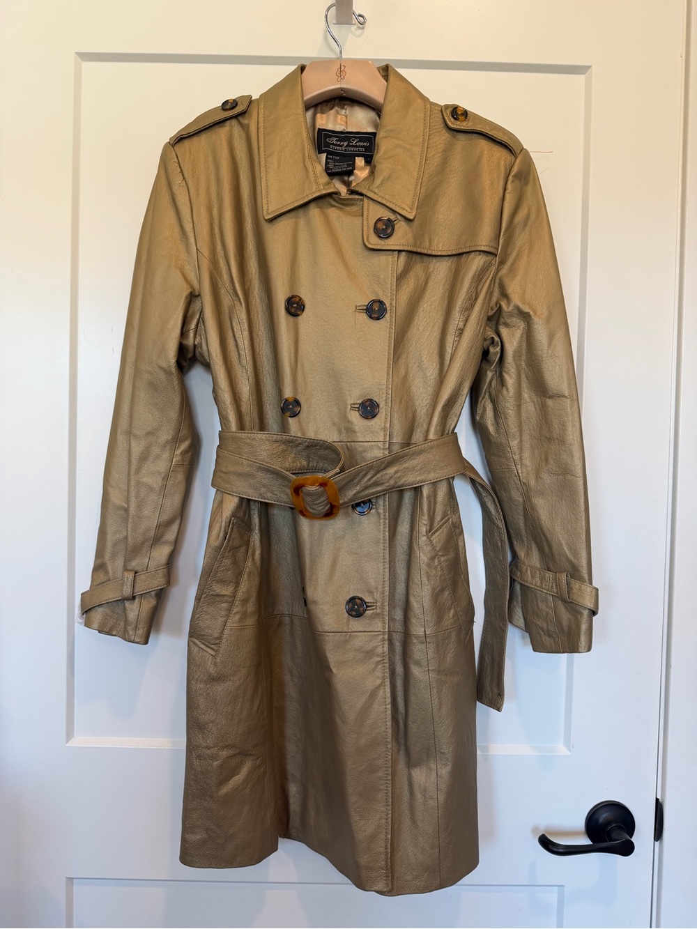 NWOT Terry Lewis Classic Luxuries metallic gold/olive-gold leather trench coat L